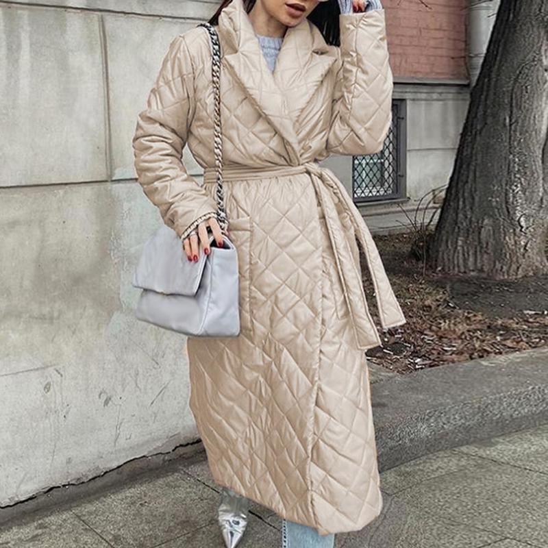 Women's Down Parkas Winter Quilted Coats Women Long Parkas Vintage Plaid Loose Belt Jacket Overcoat Female Mid-Length Coat Outwear 220909