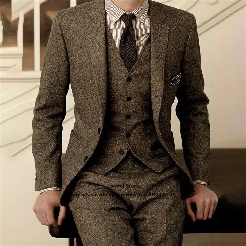 Men's Suits Blazers Vintage Winter Wool Tweed Men Suits For Groom Wedding Party Tuxedo 3 Piece Jacket Vest Pants Set Business Blazer Costume Homm