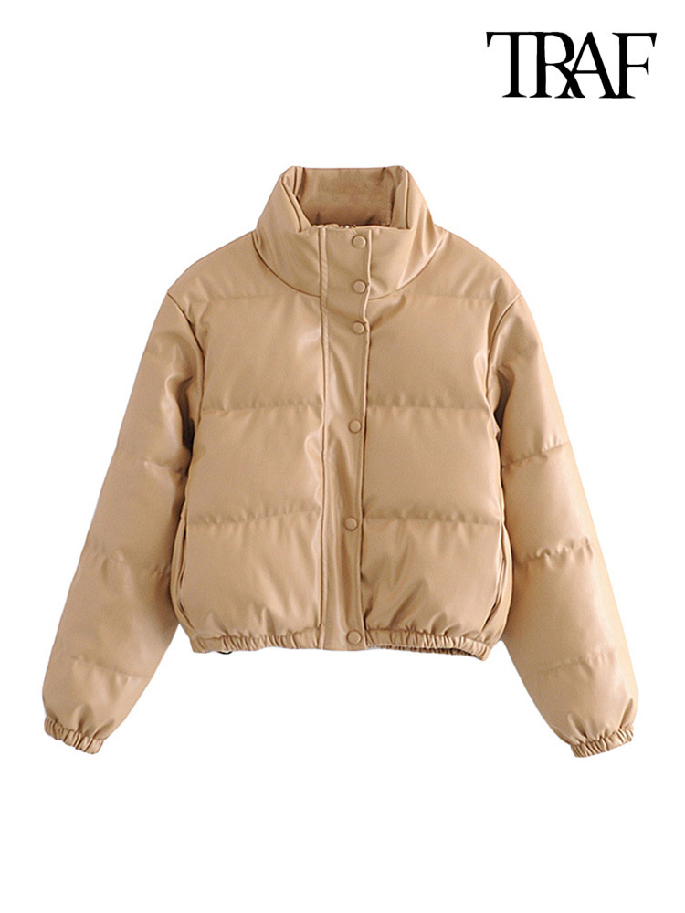 Women's Down Parkas TRAF Women Fashion Faux Leather Thick Warm Padded Jacket Coat Vintage Long Sleeve Elastic Hem Female Outerwear Chic Tops 2209