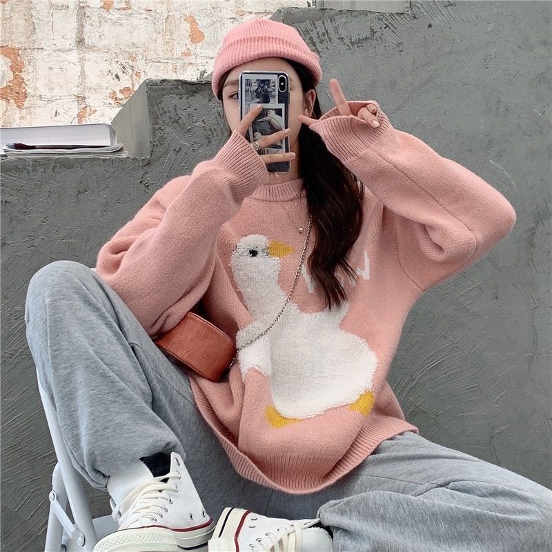 Women s Sweaters Japanese Sweet Cartoon Goose Printed Knitted Sweater Femme Women Autumn Winter Korean Casual O Neck Harajuku Pullover Female 220908