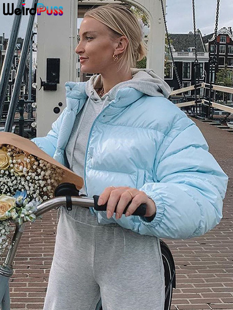 Women's Down Parkas OrangeA Women Short Puffer Jacket Cotton-Padded Thick Drawstring Parkas Zipper Winter Bubble Coat Warm Casual Street Outfits 