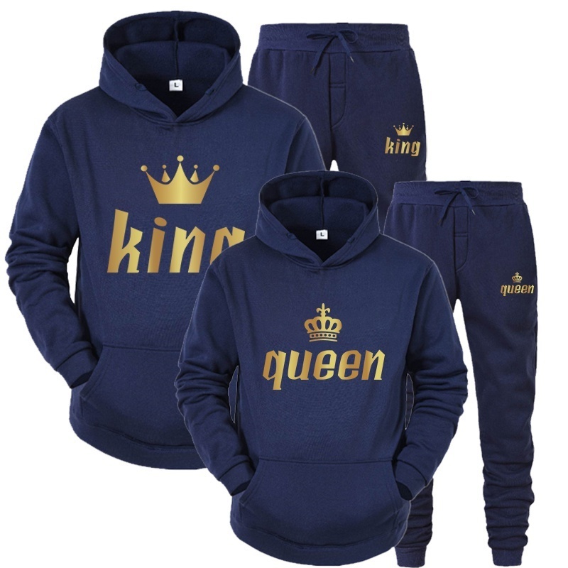 Men's Tracksuits Fashion Couple Sportwear Set KING or QUEEN Printed Lover Hooded Suits Hoodie and Pants 2pcs Set Streetwear Men Women Cloths 2209