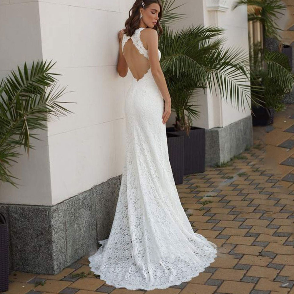 Lace Full Romantic Beach Mermaid Wedding Dress Jewel Neck Side Split Sweep Train Satin Bohemian Bridal Gown Custom Made