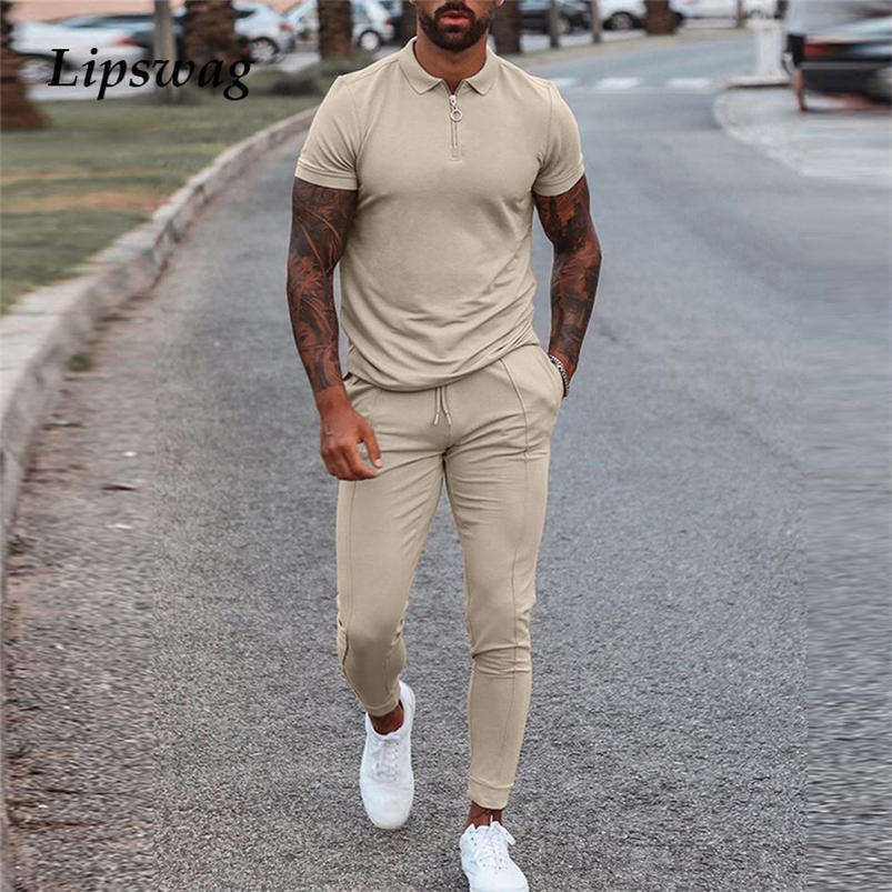 Men's Tracksuits Fashion Solid Mens Clothes Summer 2 Piece Set Men Turn-down Collar Zipper Tops And Drawstring Pants Outfit Casual Suits 3XL 2209