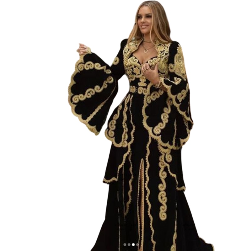 Traditional Kosovo Albanian Prom Formal Dresses 2023 Black Gold Lace Muslim Arabic Long Sleeve Jacket Caftan Evening Gown vestido De Fiesta