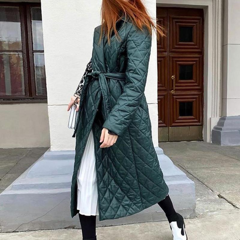 Women's Down Parkas Winter Quilted Coats Women Long Parkas Vintage Plaid Loose Belt Jacket Overcoat Female Mid-Length Coat Outwear 220909