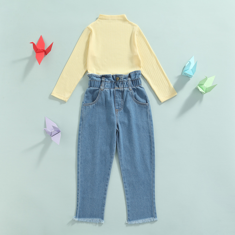 Clothing Sets 16Y Fashion Children Baby Girls Clothes Set Solid Turtleneck Long Sleeve Pullover TopsDenim Long Pants 2pcs Autumn Outfit 220909