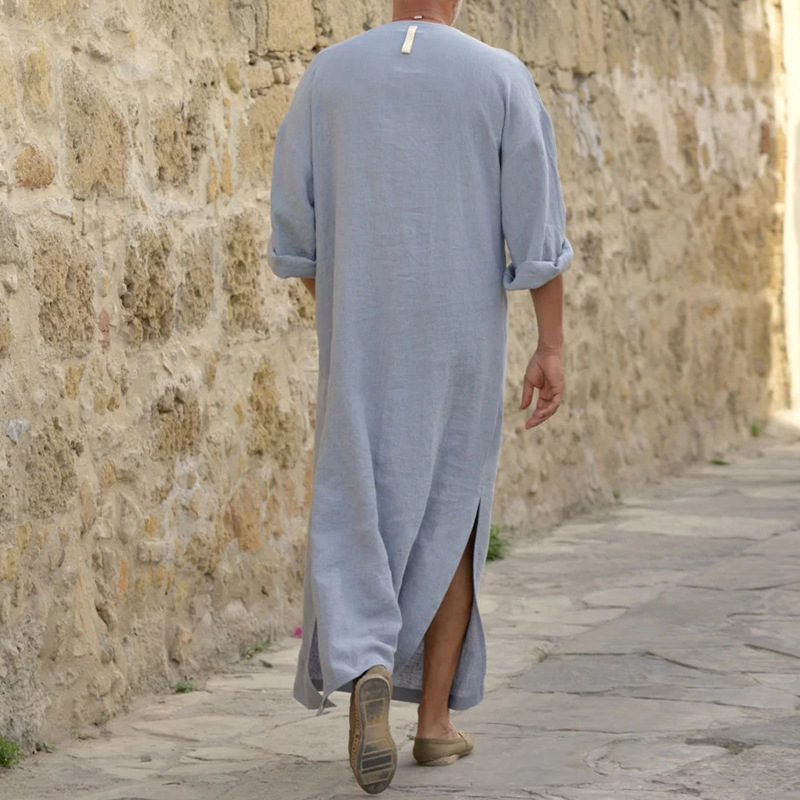 Men's Casual Shirts Plus Size S-5XL Men's Muslim Robe V-neck Casual Soild Cotton/Linen Pockets Loose Long Sleeve Vintage Arab Ethnic Islamic