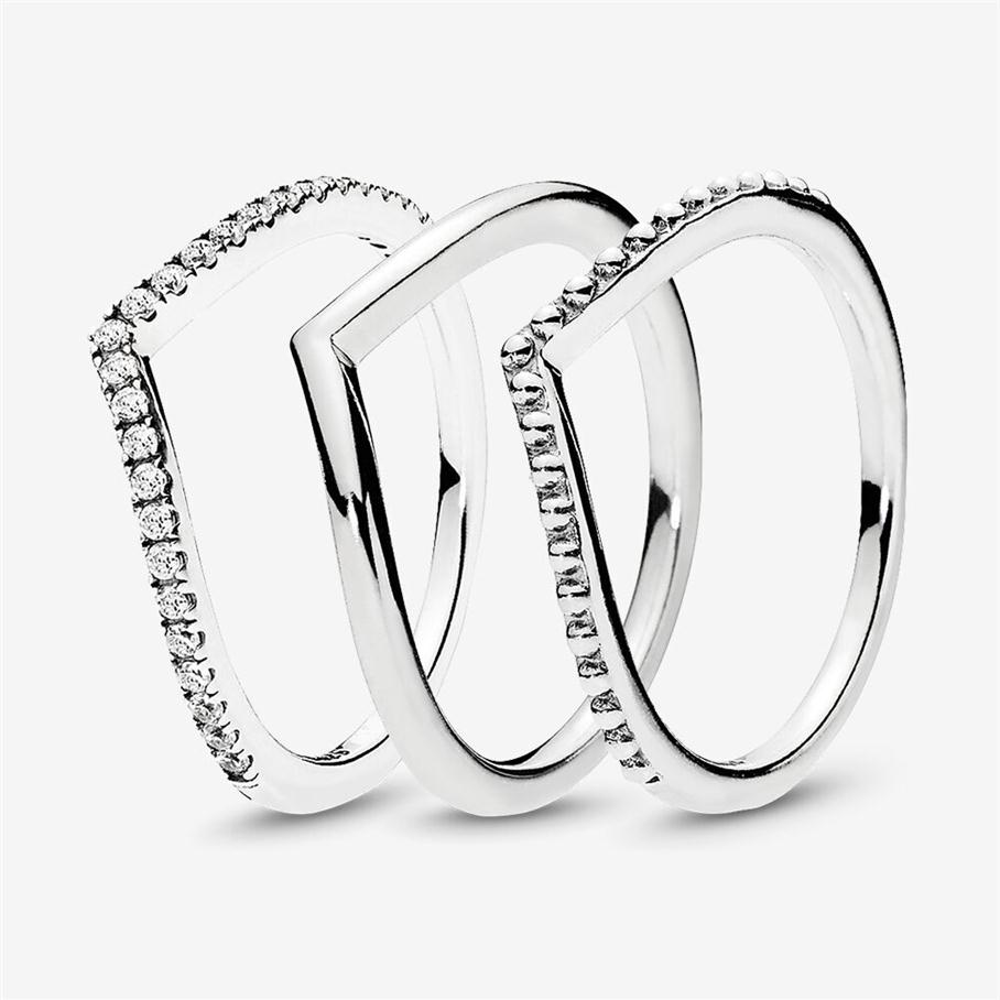 100 925 Sterling Silver Sparkling Wishbone Stacking Ring Set For Women Wedding Rings Fashion Jewelry Accessories252j