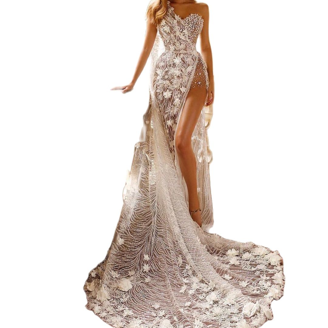 Sexy Illusion Dress One Shoulder High Split Appliqued Beach Wedding Gowns Backless Vestido De Noiva Custom Made