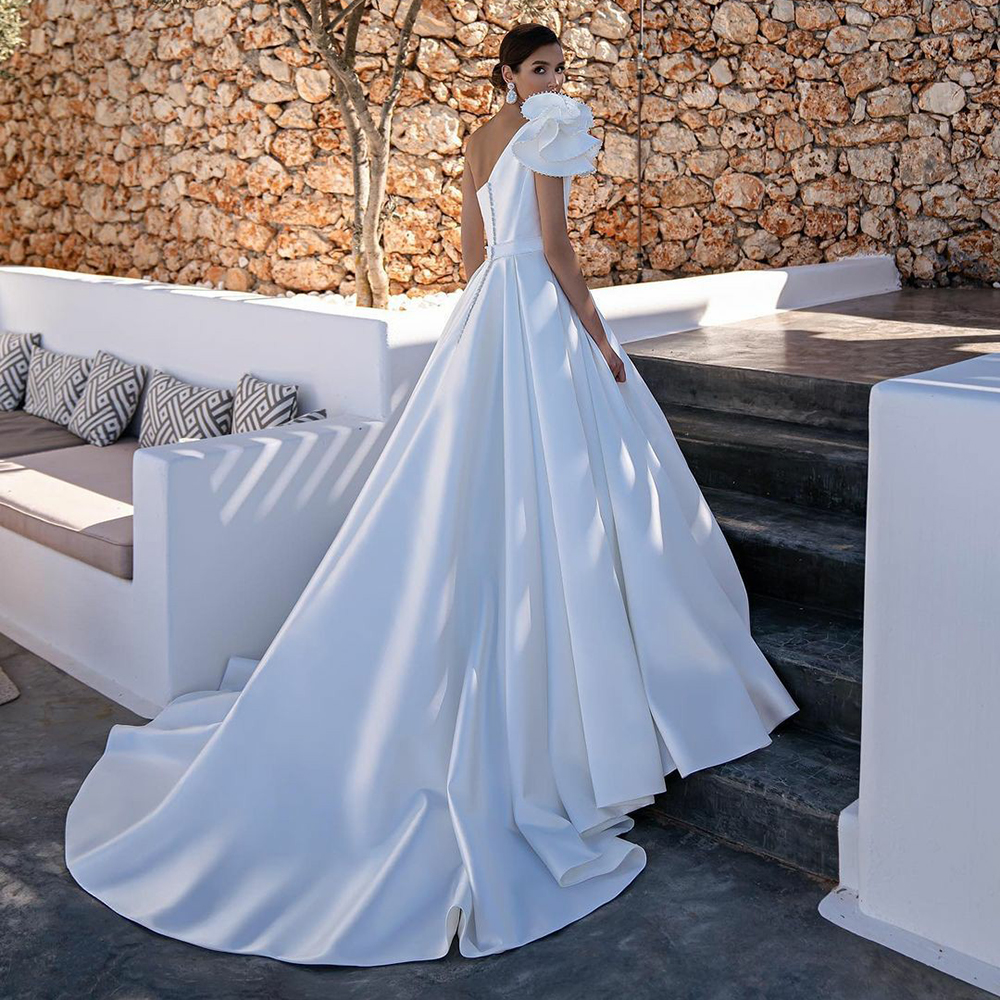 Elegant A-Line One Shoulder Stain Wedding Dress 2023 Beading Sleeveless Bridal Gowns For Women Custom Made Vestido De Novia