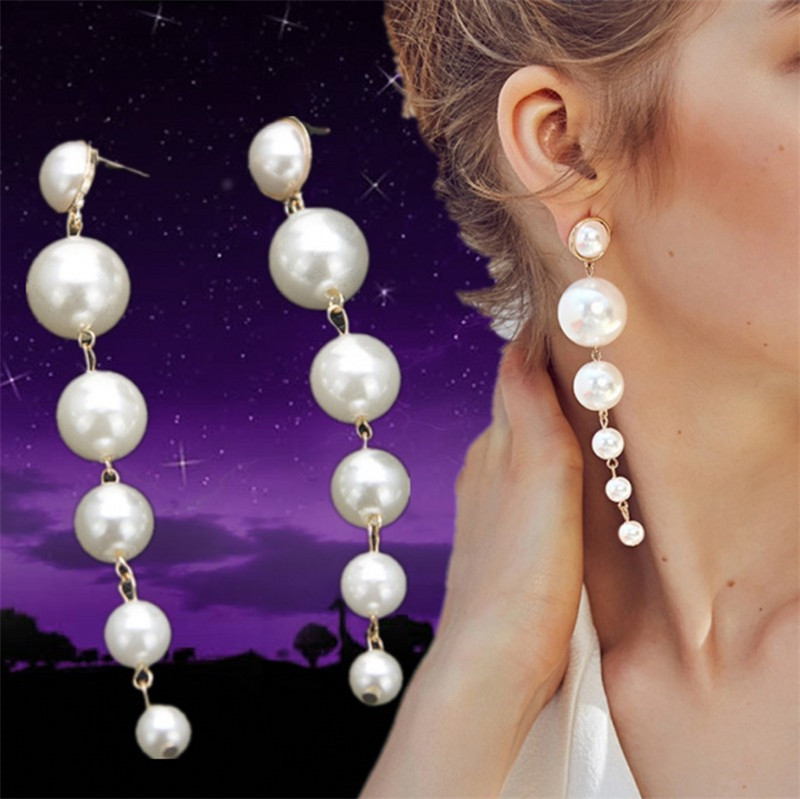 Long Dangle Simulated White Pearl Earrings Elegant Round Ball Pearl Drop Earring for Women Wedding Jewelry