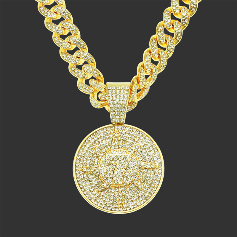 Pendant Necklaces Hip Hop Crystal Lucky Number 7 Pendant With Big Miami Cuban Chain Choker Necklace For Men Women Iced Out Coin Jewelry 220909