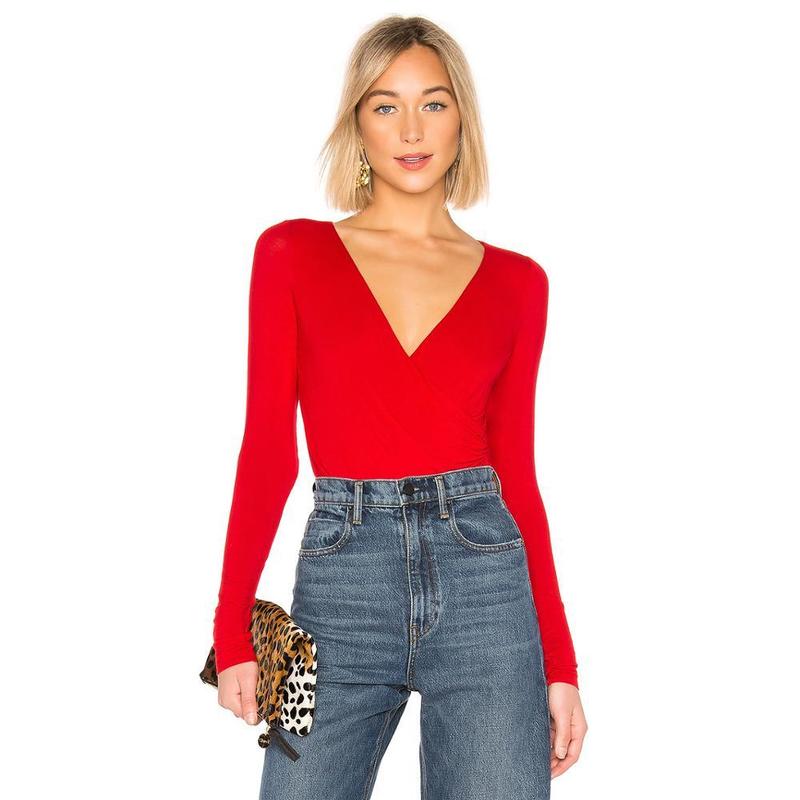 Women's Jumpsuits Rompers Magiray Women Bodysuit Thong Surplice Ruched Deep-V Neck Long Sleeve Tops Sexy Jumpsuits White Red Black Summer Body Su