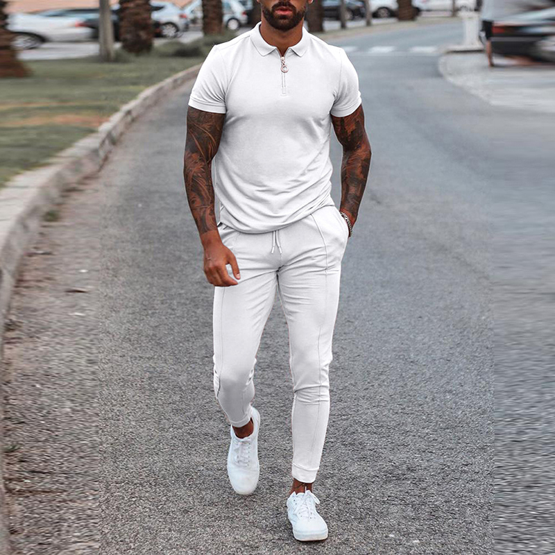 Men's Tracksuits Fashion Solid Mens Clothes Summer 2 Piece Set Men Turn-down Collar Zipper Tops And Drawstring Pants Outfit Casual Suits 3XL 2209
