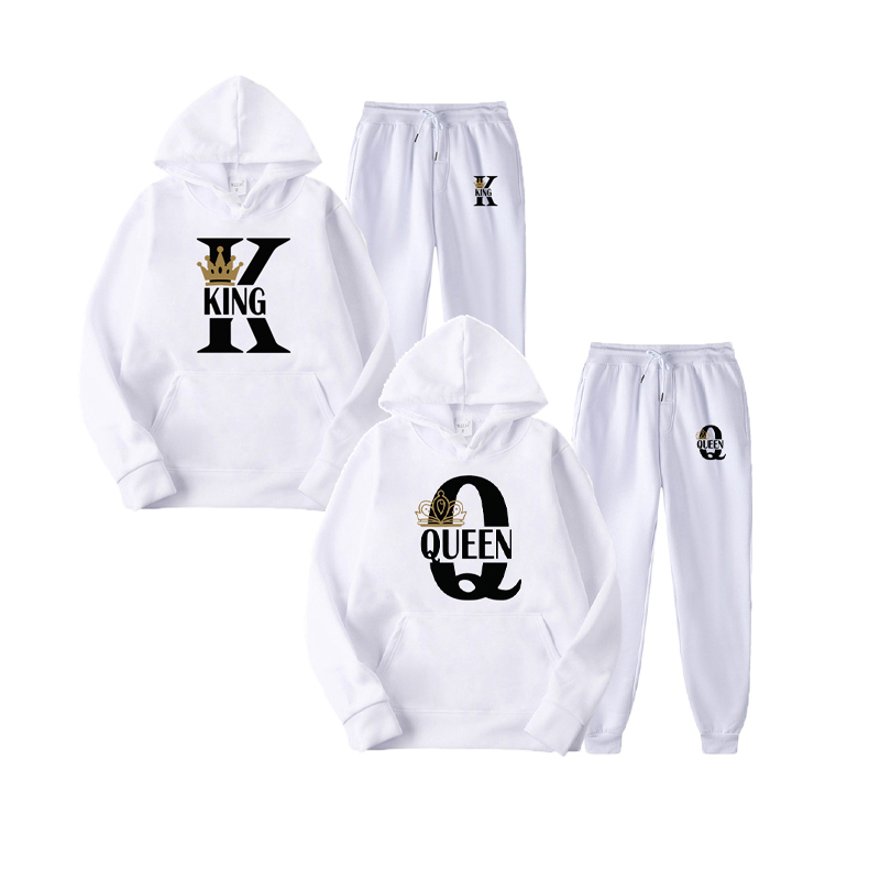 Men's Tracksuits Fashion Couple Sportwear Set KING or QUEEN Printed Lover Hooded Suits Hoodie and Pants 2pcs Set Streetwear Men Women Cloths 2209