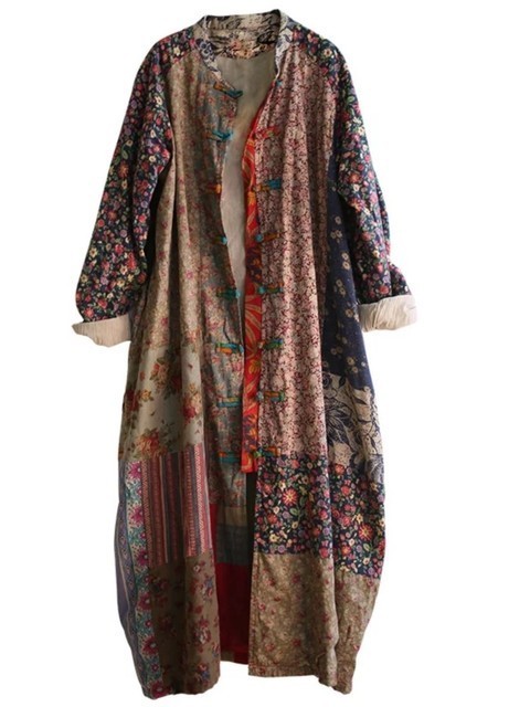 Women's Wool Blends Johnature Women Print Floral Trench Vintage Coats Autumn Random Patchwork Loose Chinese Style Cotton Linen Trench Coat 220909