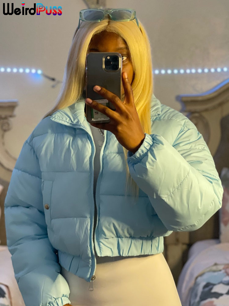 Women's Down Parkas OrangeA Women Short Puffer Jacket Cotton-Padded Thick Drawstring Parkas Zipper Winter Bubble Coat Warm Casual Street Outfits 