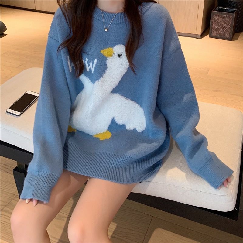 Women s Sweaters Japanese Sweet Cartoon Goose Printed Knitted Sweater Femme Women Autumn Winter Korean Casual O Neck Harajuku Pullover Female 220908