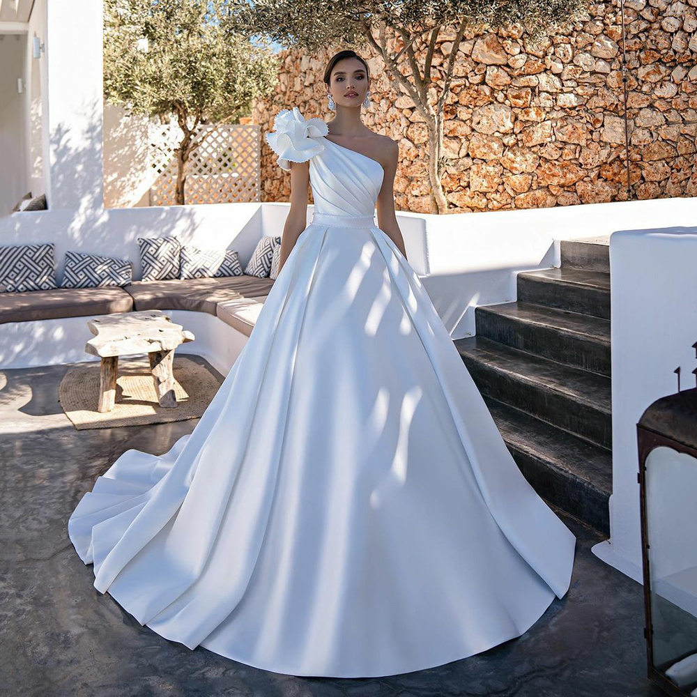 Elegant A-Line One Shoulder Stain Wedding Dress 2023 Beading Sleeveless Bridal Gowns For Women Custom Made Vestido De Novia
