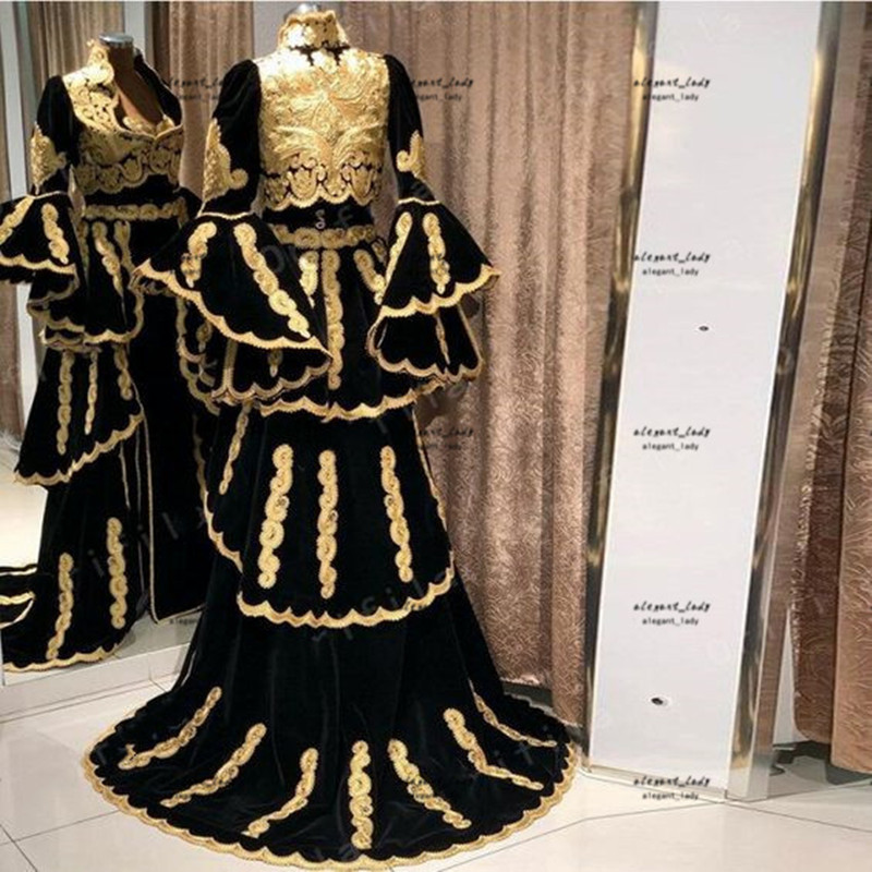 Traditional Kosovo Albanian Prom Formal Dresses 2023 Black Gold Lace Muslim Arabic Long Sleeve Jacket Caftan Evening Gown vestido De Fiesta