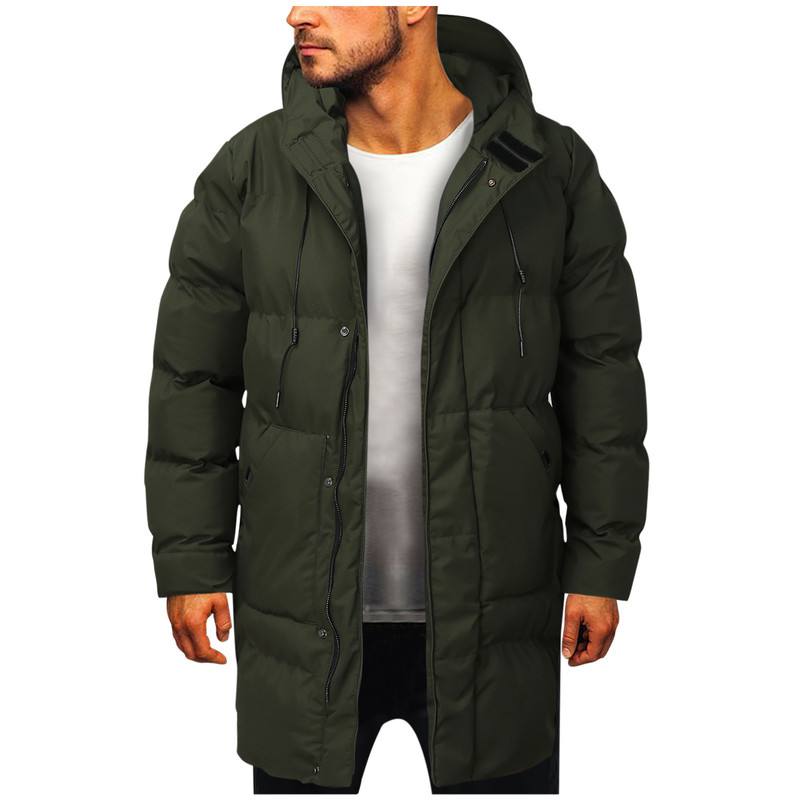 Men's Down Parkas Men's Winter Casual Down Jackets Windbreaker Outerwear Solid Zipper Pocket Thick Long Sleeve Coat Hooded Parkas Warm Coat 
