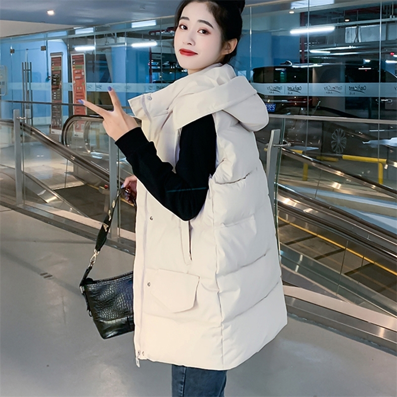 Women's Down Parkas Long Vest Coat Women Fashion Warm Sleeveless Parkas Hooded Solid Loose Female Waistcoat Casual Outerwear Jacket Top 220909