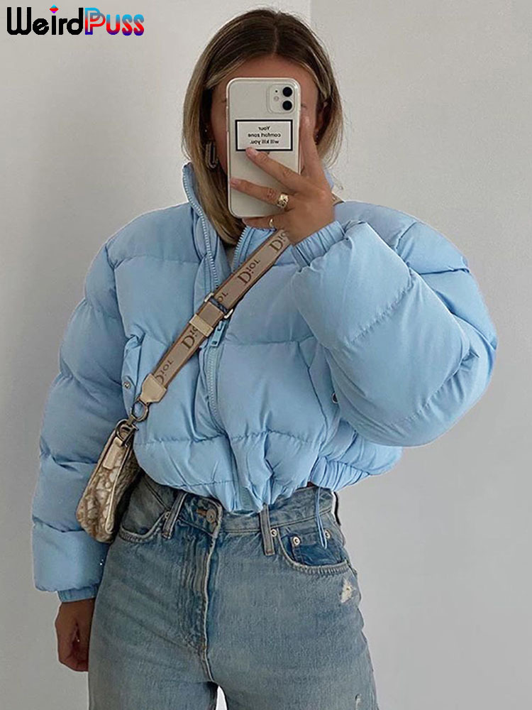 Women's Down Parkas OrangeA Women Short Puffer Jacket Cotton-Padded Thick Drawstring Parkas Zipper Winter Bubble Coat Warm Casual Street Outfits 