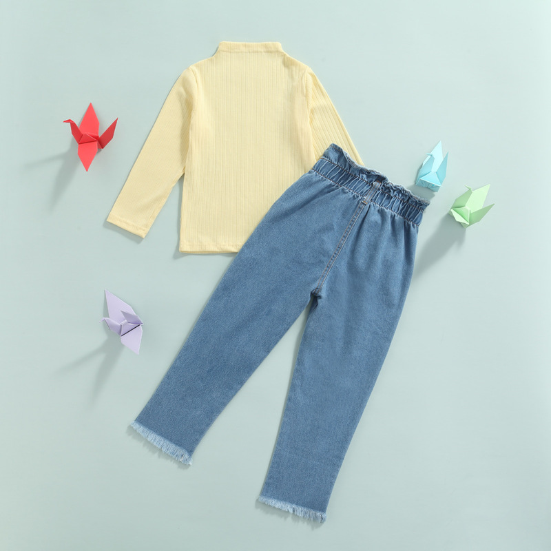 Clothing Sets 16Y Fashion Children Baby Girls Clothes Set Solid Turtleneck Long Sleeve Pullover TopsDenim Long Pants 2pcs Autumn Outfit 220909