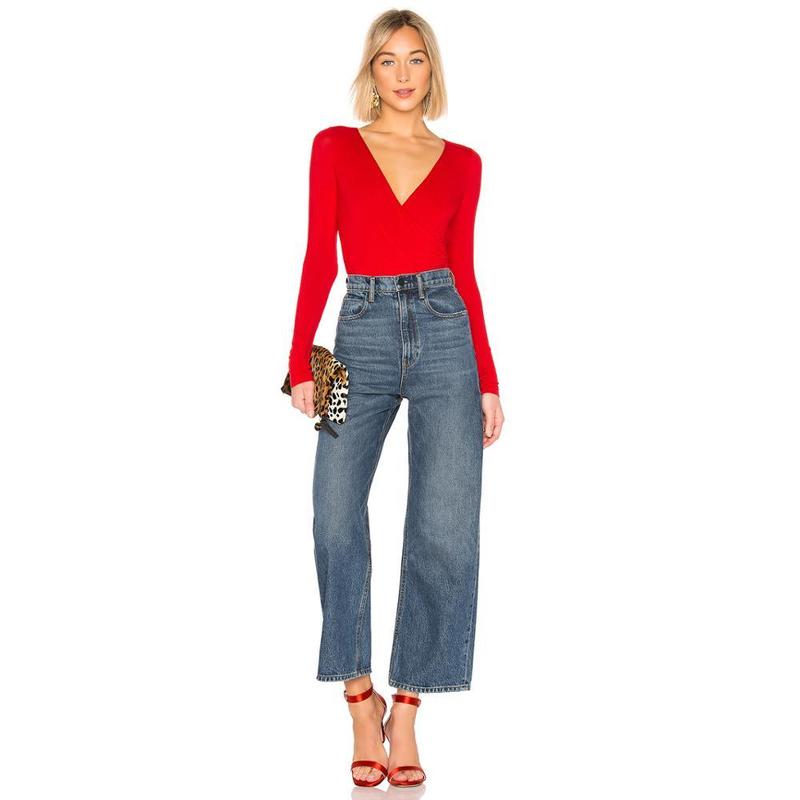 Women's Jumpsuits Rompers Magiray Women Bodysuit Thong Surplice Ruched Deep-V Neck Long Sleeve Tops Sexy Jumpsuits White Red Black Summer Body Su