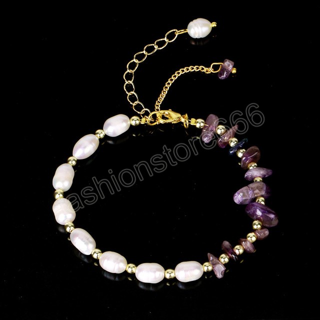 Natural Chip Crystal Stone Bracelet for Women Trendy Freshwater Pearl Elegant Bracelets Gold Color Chain Jewelry Gift