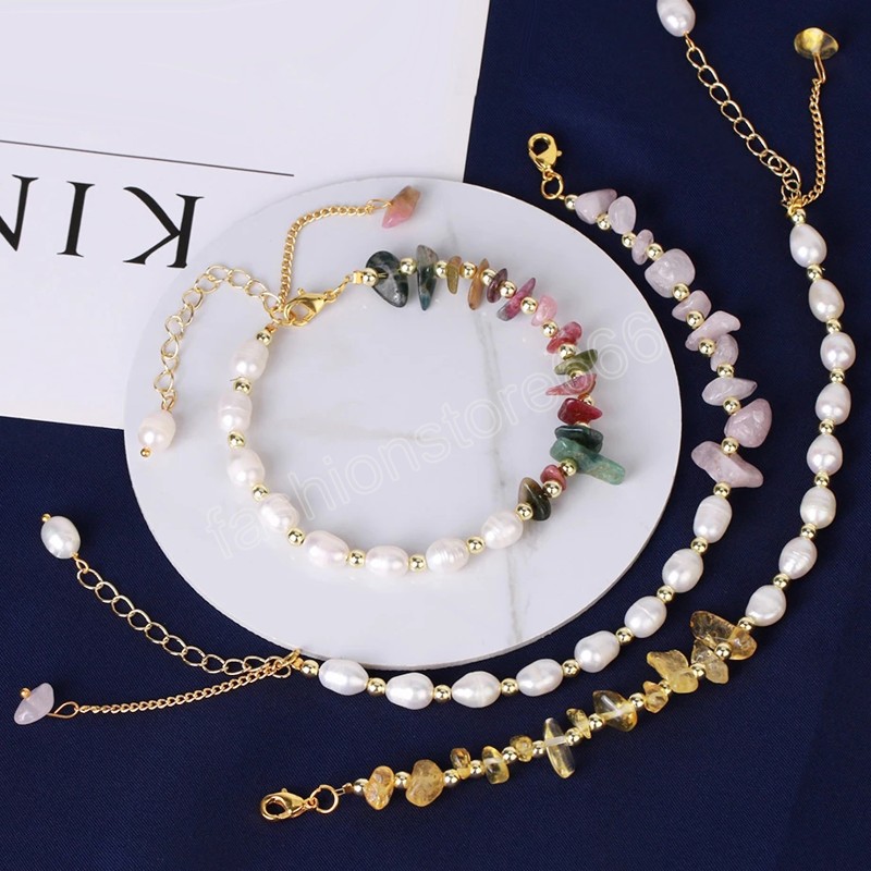 Natural Chip Crystal Stone Bracelet for Women Trendy Freshwater Pearl Elegant Bracelets Gold Color Chain Jewelry Gift