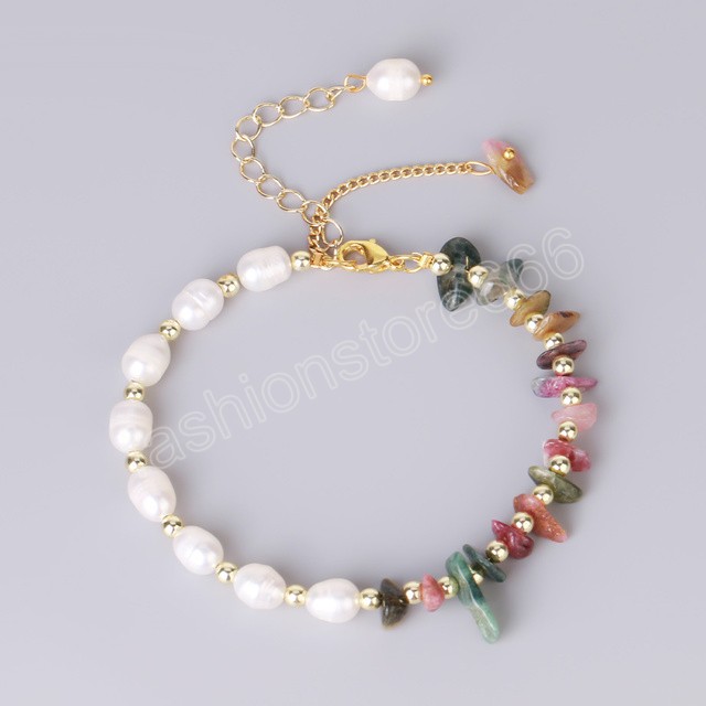 Natural Chip Crystal Stone Bracelet for Women Trendy Freshwater Pearl Elegant Bracelets Gold Color Chain Jewelry Gift
