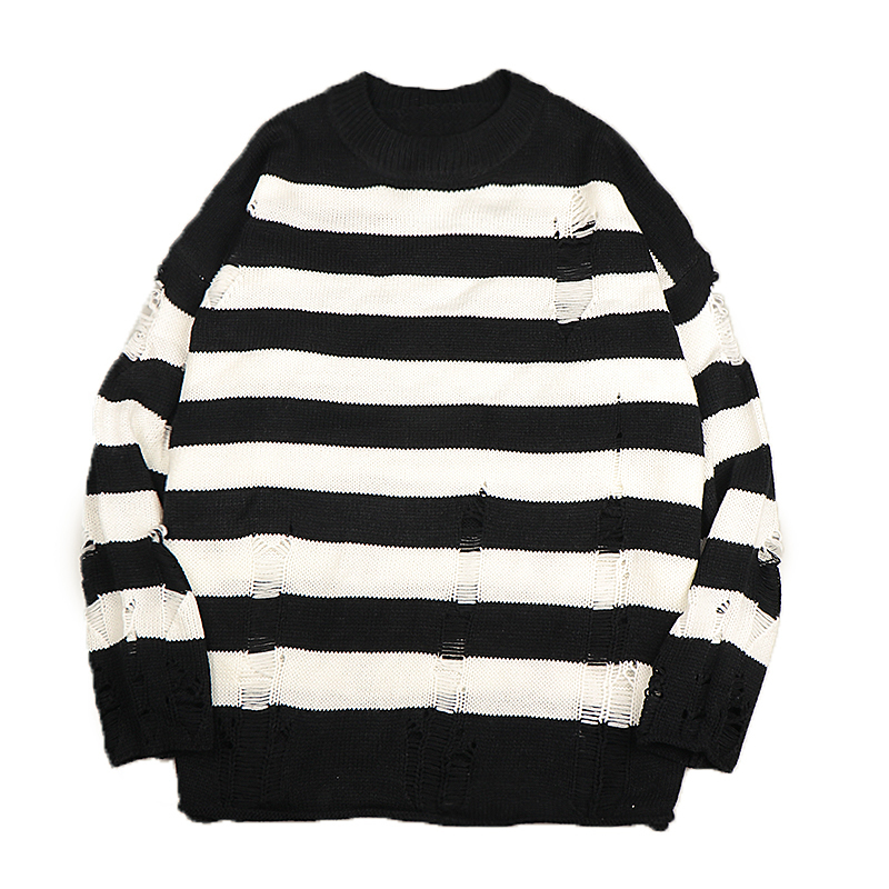 Men's Sweaters Black Stripe Sweaters Destroyed Ripped Sweater Women Pullover Hole Knit Jumpers Oversized Sweatshirt Harajuku Long Sleeve Tops 220