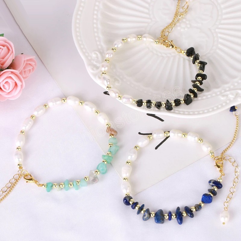 Natural Chip Crystal Stone Bracelet for Women Trendy Freshwater Pearl Elegant Bracelets Gold Color Chain Jewelry Gift