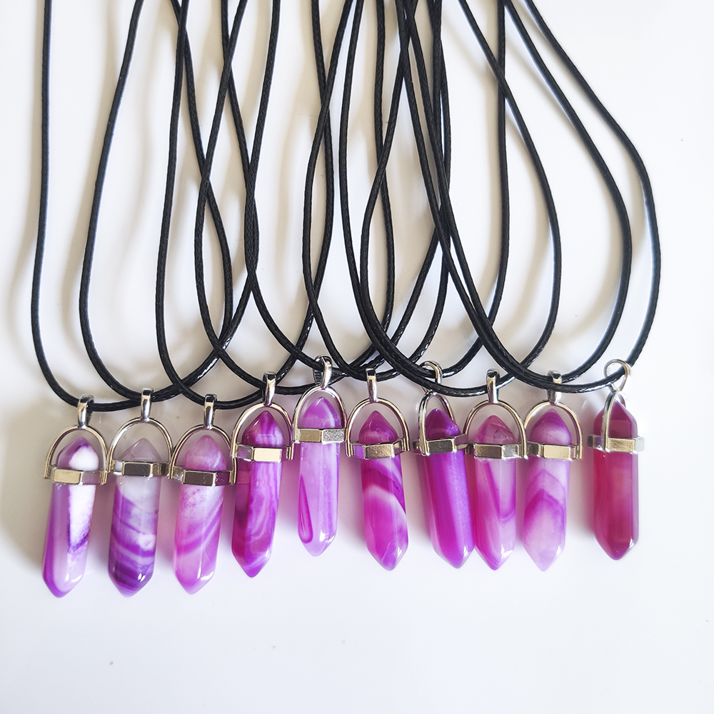 Natural Stone Stripe Agate Hexagonal Prism Shape Pendant necklaces Reiki Healing Charms pu chain Necklace For Women Jewelry