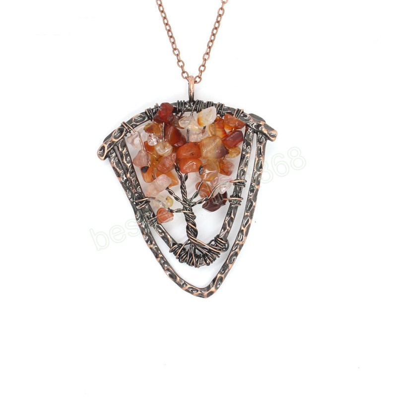Tree of Life Natural Quartz Pendants Antique Copper Wire Wrap Suspension 7 Chakra Chip Stones Yellow Pink Crystal Pendulum Reiki