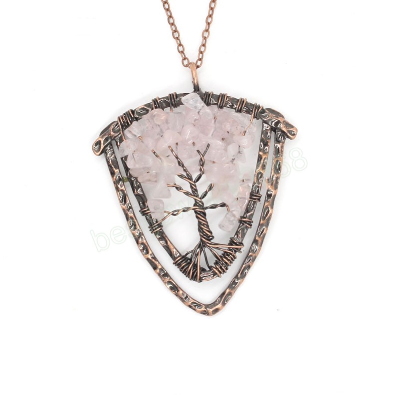 Tree of Life Natural Quartz Pendants Antique Copper Wire Wrap Suspension 7 Chakra Chip Stones Yellow Pink Crystal Pendulum Reiki