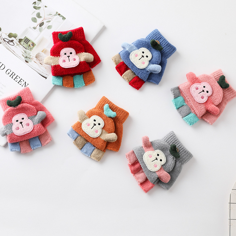 Childrens Finger Gloves 14 Years Old Children Winter Fingerless Gloves Kids Cute Monkey Warm Soft Knitted Mittens Girls Boys Indoor and Outdoor Gloves