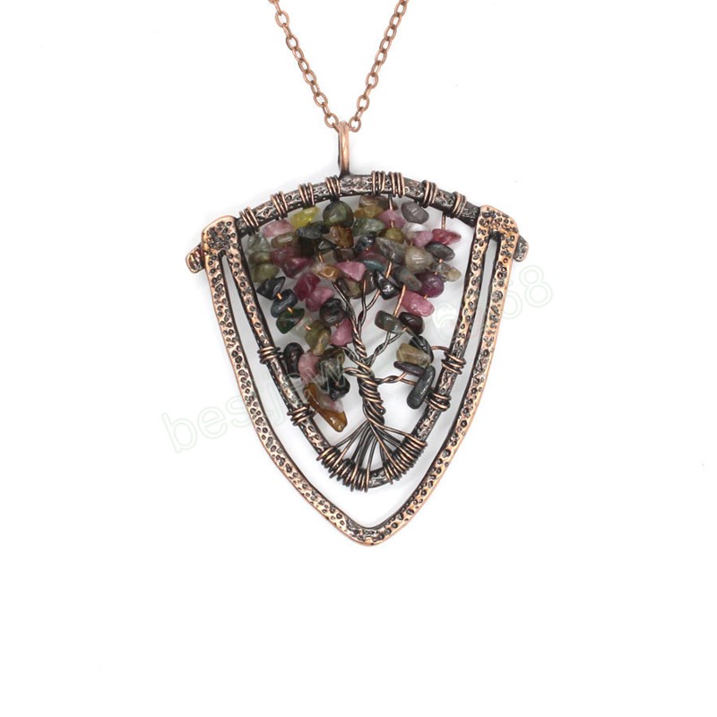 Tree of Life Natural Quartz Pendants Antique Copper Wire Wrap Suspension 7 Chakra Chip Stones Yellow Pink Crystal Pendulum Reiki