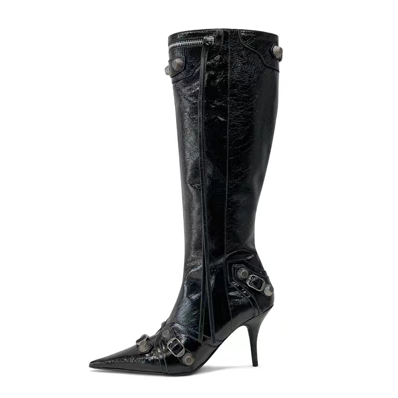 Cagole belt buckle decoration knee high boots women's leather side zipper pointed sexy fashion luxury designer factory shoes walk show banquet boots, Black
Cagole belt buckle decoration knee high boots women's leather side zipper pointed sexy fashion luxury designer factory shoes walk show banquet boots, Black