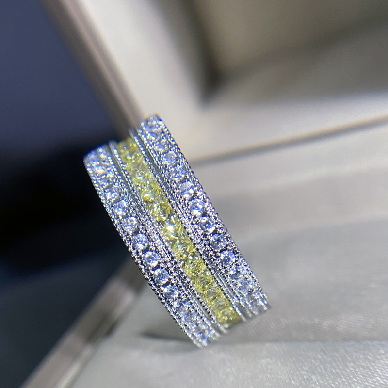 Hip Hop Wedding Rings Jewelry Princess Cut Yellow Topaz CZ Dia Sterg Sier Handmade Party Eternity Women Engagement Band Ring For Lover Gift
