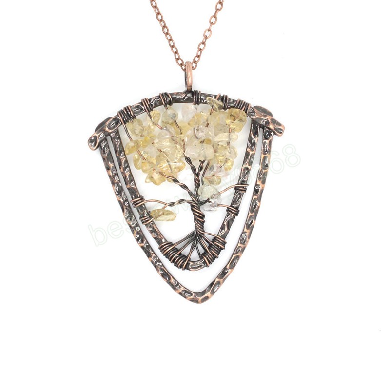 Tree of Life Natural Quartz Pendants Antique Copper Wire Wrap Suspension 7 Chakra Chip Stones Yellow Pink Crystal Pendulum Reiki