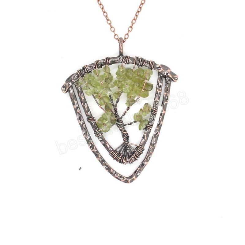 Tree of Life Natural Quartz Pendants Antique Copper Wire Wrap Suspension 7 Chakra Chip Stones Yellow Pink Crystal Pendulum Reiki