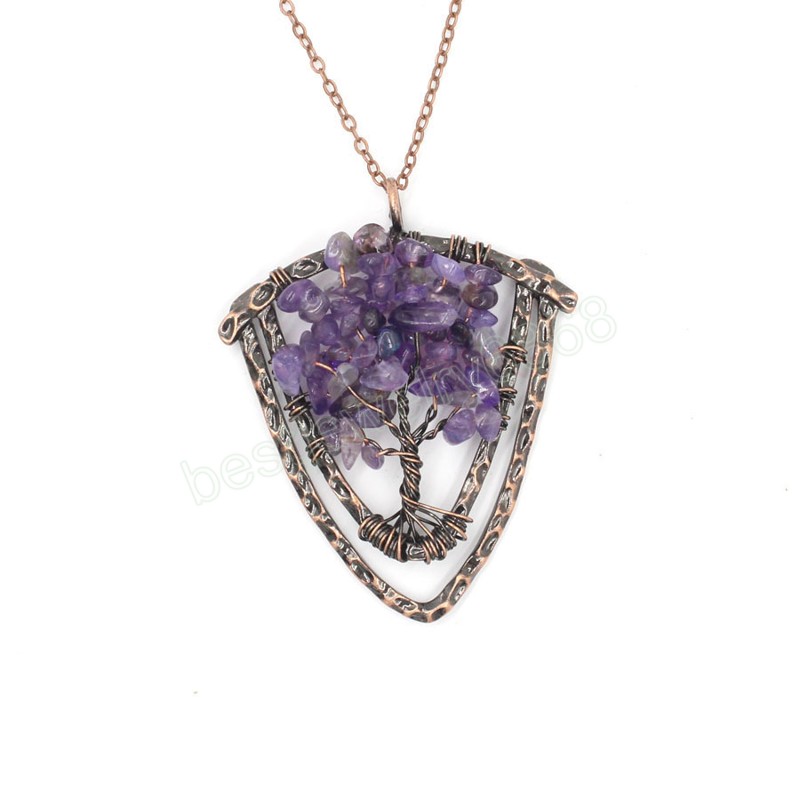 Tree of Life Natural Quartz Pendants Antique Copper Wire Wrap Suspension 7 Chakra Chip Stones Yellow Pink Crystal Pendulum Reiki