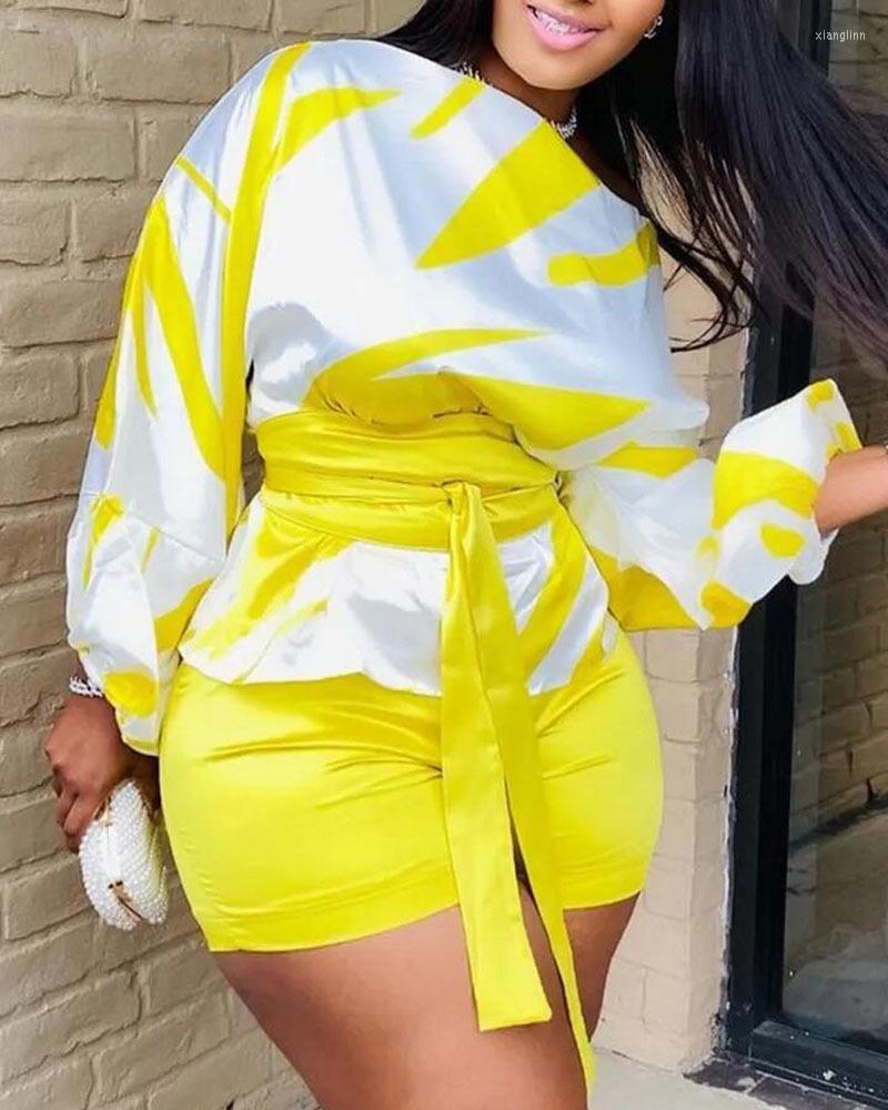

Women' Tracksuits 2 Piece Sets Womens Outfits 2022 Summer Slash Neck Colorblock Tied Detail Lantern Sleeve Long Top & Above Knee Shorts, Yellow