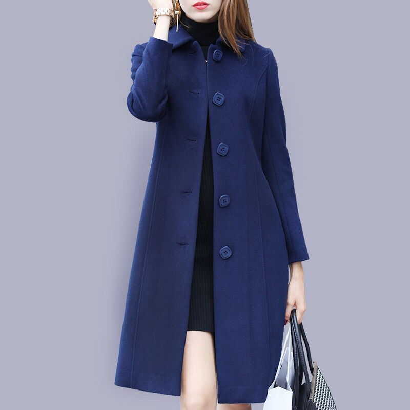 Women's Wool Blends Fashion Ladies Coat Autumn Winter Mid-Length Single-Breasted Slim Blended en Overcoat Red Blue Black Women Jacket 220909