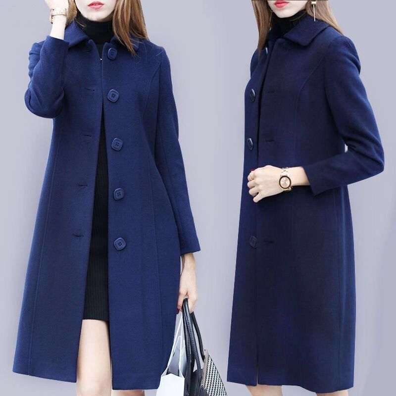 Women's Wool Blends Fashion Ladies Coat Autumn Winter Mid-Length Single-Breasted Slim Blended en Overcoat Red Blue Black Women Jacket 220909