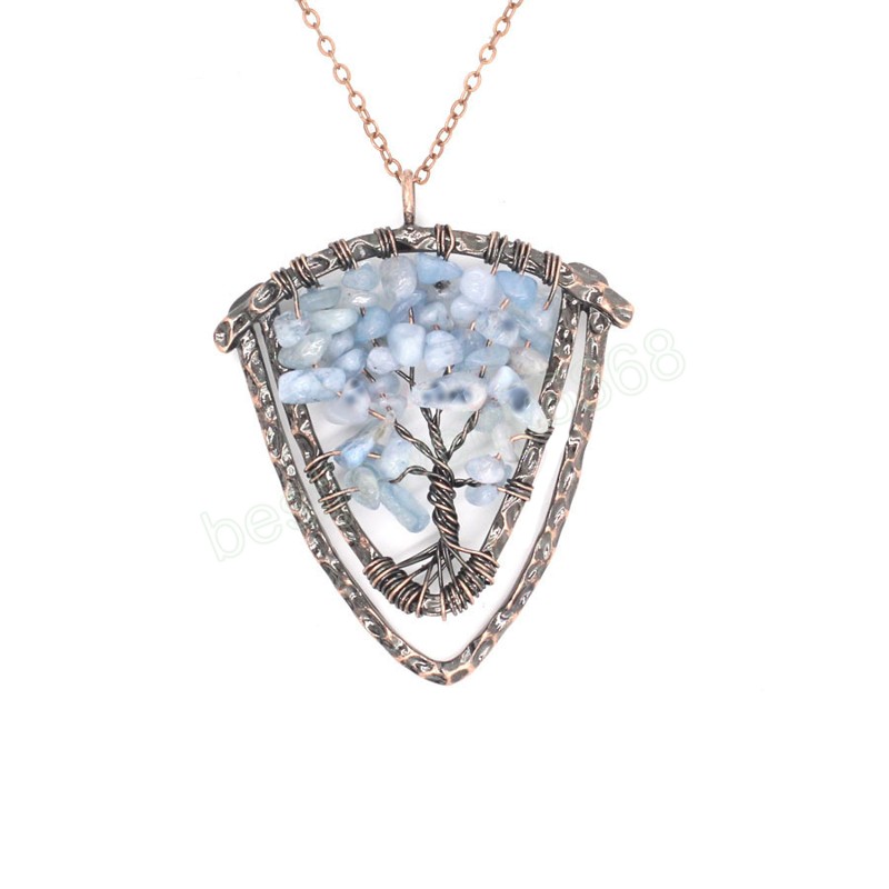 Tree of Life Natural Quartz Pendants Antique Copper Wire Wrap Suspension 7 Chakra Chip Stones Yellow Pink Crystal Pendulum Reiki