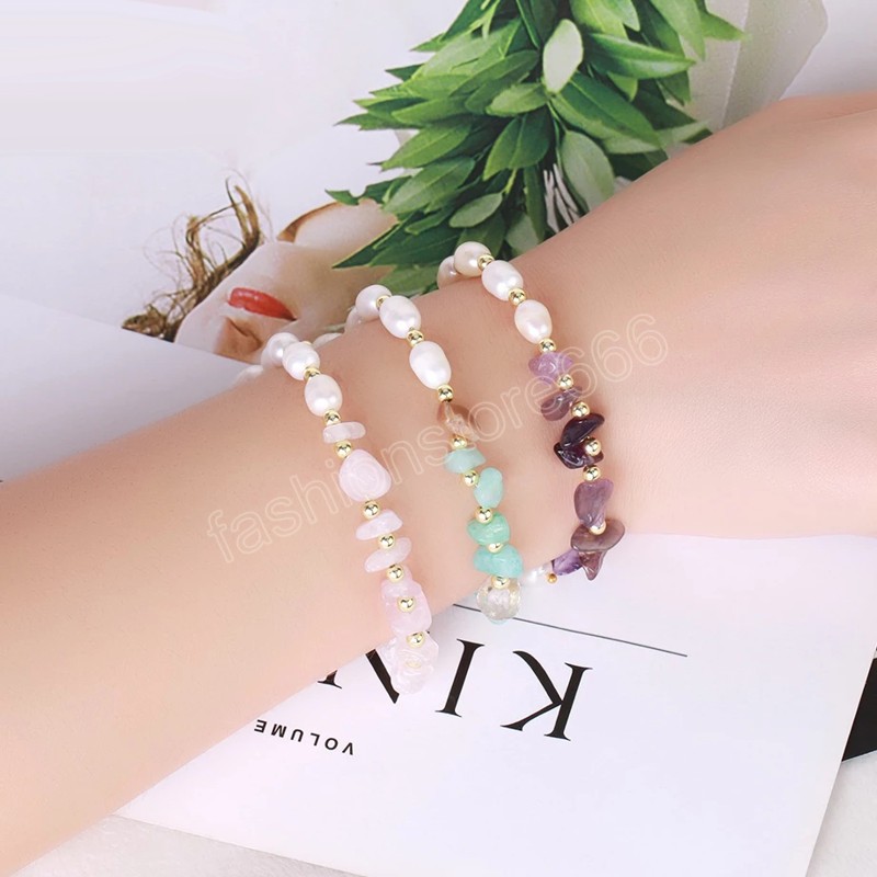 Natural Chip Crystal Stone Bracelet for Women Trendy Freshwater Pearl Elegant Bracelets Gold Color Chain Jewelry Gift